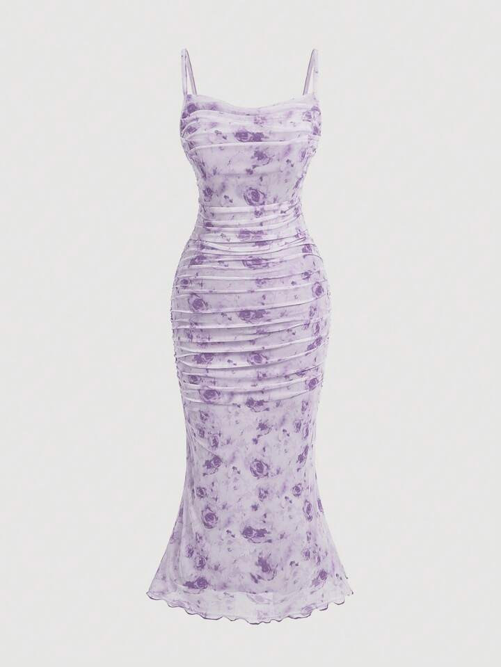 SHEIN MOD Plus Allover Floral Print Ruched Mermaid Hem Slip Dress | SHEIN