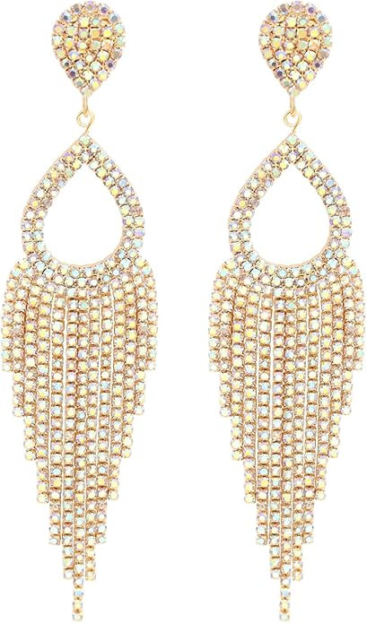 Rhinestone Teardrop with Long Tassel Earrings Sparkly Dangle Earrings for Women | Amazon (US)