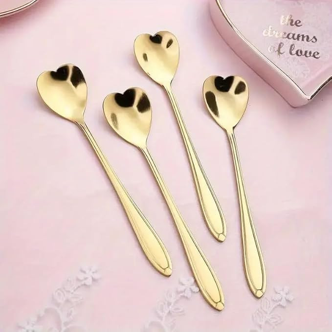 4pcs Cute Heart-Shaped Stainless Steel Coffee Spoons Set, Golden Mixing Flatware, For Home, Kitch... | Amazon (US)