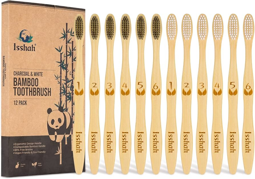 Isshah Biodegradable Eco-Friendly Natural Bamboo Charcoal Toothbrushes - 12 Count | Amazon (US)