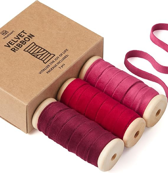 Vitalizart Red Velvet Ribbon Set 3/8" x 15 Yd Burgundy Fabric Trim 3 Rolls * 5 Yd for Christmas W... | Amazon (US)