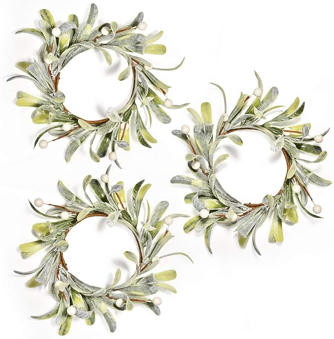 Feirui Pillar Candle Rings Set of 3, Frosted Mistletoe Wreaths with Pearl Accents,Christmas Holid... | Amazon (US)