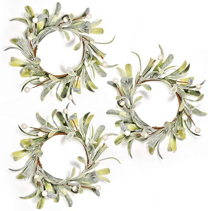 Feirui Pillar Candle Rings Set of 3, Frosted Mistletoe Wreaths with Pearl Accents,Christmas Holid... | Amazon (US)