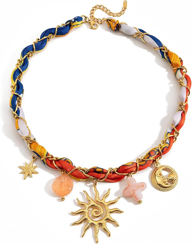 Scarf Necklace with Charm,Vintage Bandana Necklace for Women with Hammered Heart,Tiger Eye Stone,... | Amazon (US)