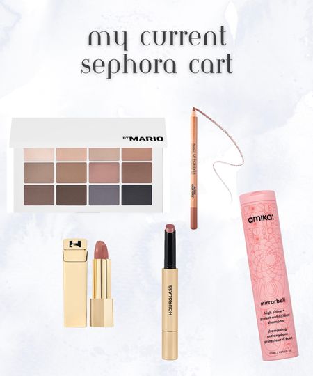 My current Sephora shopping cart. Brand new make up by Mario matte eye shadow palette, amika mirrorball shampoo, liner in anywhere caffeine, and hourglass lipstick in shade oasis with their lip balm in sense. 

Everyday makeup. Classy makeup. Clean girl look. 

#LTKbeauty #LTKfindsunder50 #LTKSeasonal