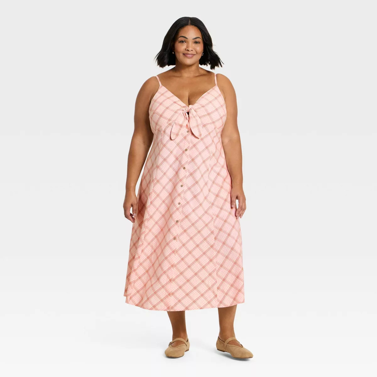 Women's Sleeveless Bow-Front Midi A-Line Dress - A New Day™ Pink Plaid 2X | Target