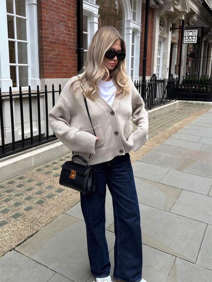 Women's Comfortable Home & Back To School Solid Color Knitted Ribbed Pocket Button Cardigan Sweat... | SHEIN