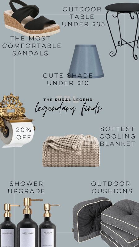 Top picks this week
Bzees wedge sandals
Metal French outdoor accent table
Small blue lampshade from Walmart
Brass Victorian toilet paper holder from Etsy
Soft cooling bed blanket from Amazon
Shower refillable pump bottles
Outdoor dining chair cushions

#LTKhome #LTKmidsize #LTKsalealert
