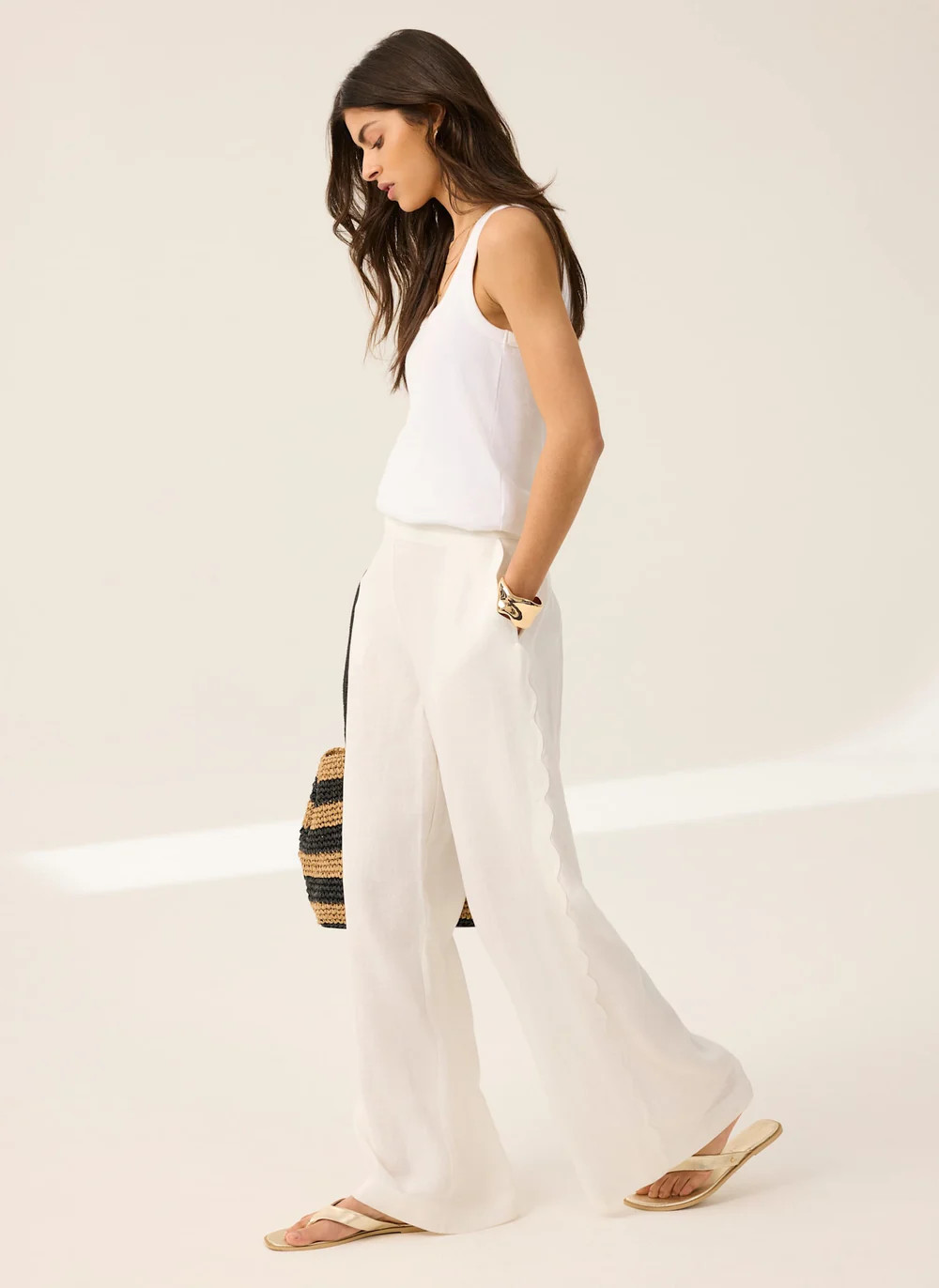 White Linen Scallop Trim Trousers | Mint Velvet
