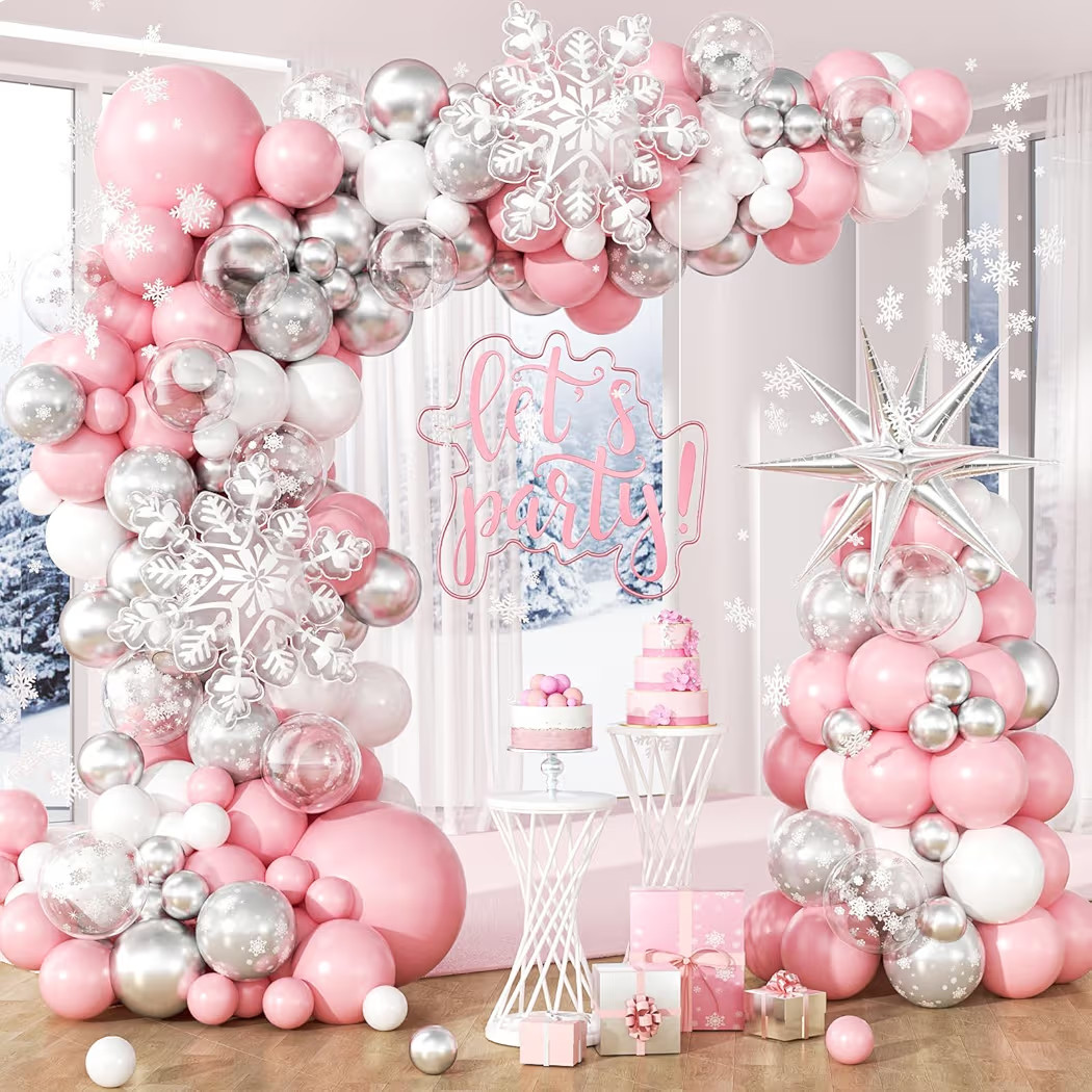 153pcs Snowflake Balloon Arch Kit, Pink Silver and White Balloons Clear Snowflake Pearl Silver Pr... | Amazon (US)