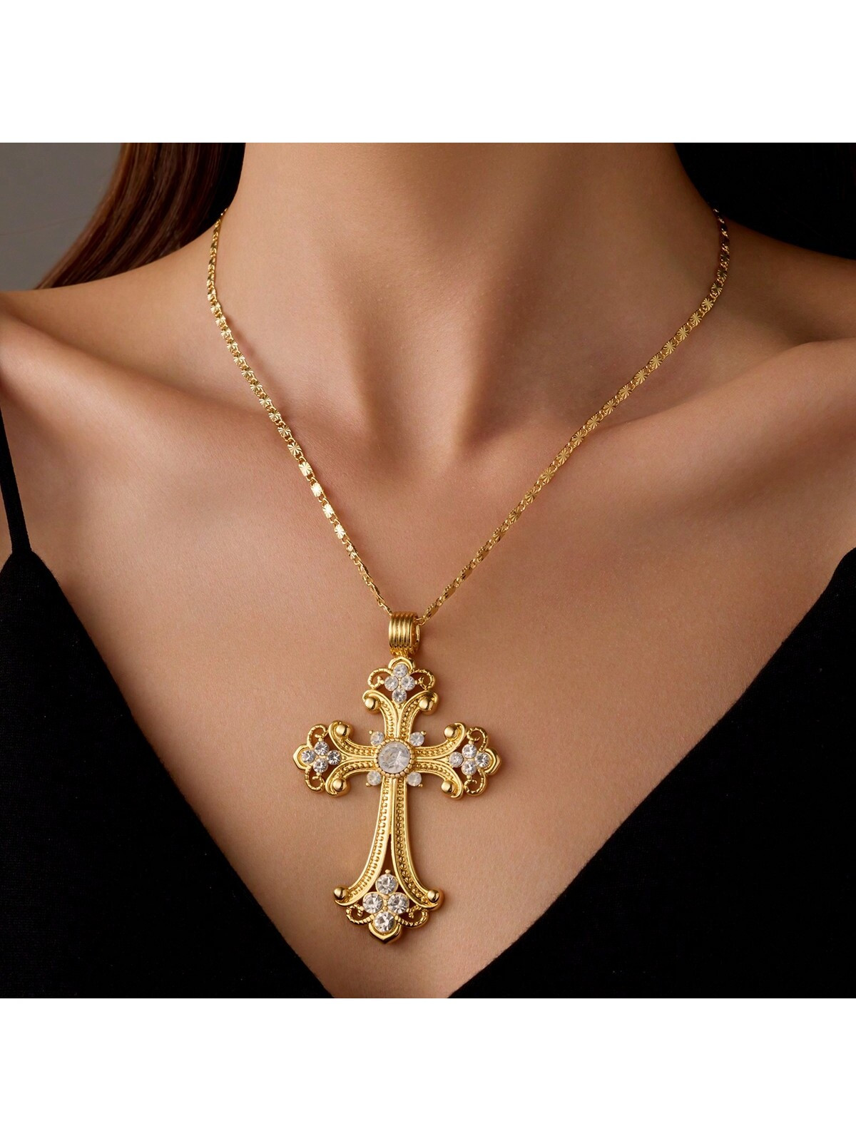 1pc European And American Style Vintage Cross Necklace, Punk Fashion, Heavy Duty, Zirconia Hollow... | SHEIN
