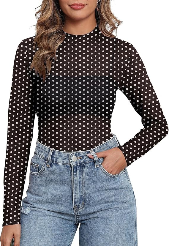 Women Sparkly Mesh Long Sleeve Top Sheer Lace Undershirts Mock Neck Tee Shirt Concert Nashville T... | Amazon (US)