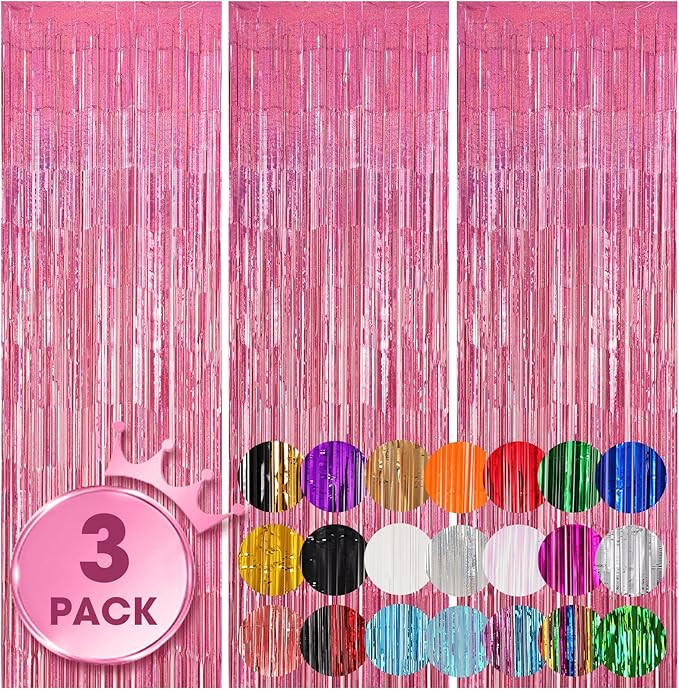 3 Pack 3.3x8.2 Feet Laser Pink Foil Fringe Backdrop Curtains, Tinsel Streamers Birthday Party Dec... | Amazon (US)