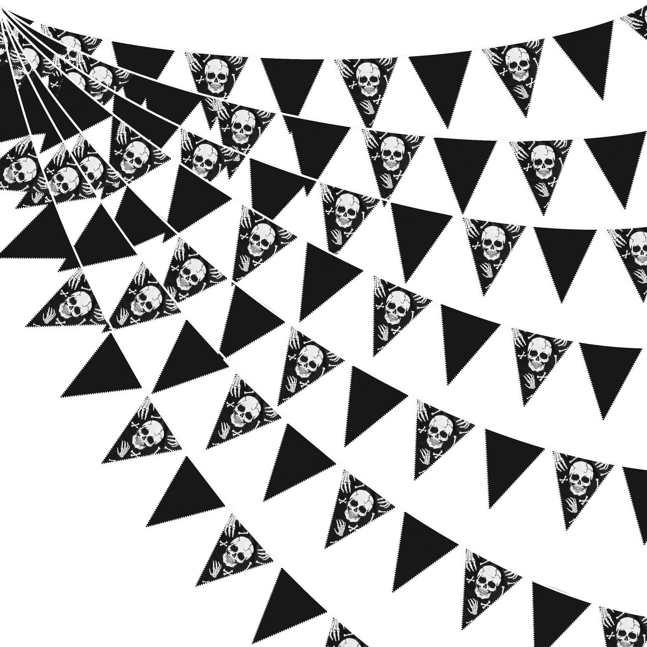 32Ft Black White Halloween Party Decorations Skull Fabric Pennant Pirate Banner Triangle Flag Bun... | Amazon (US)