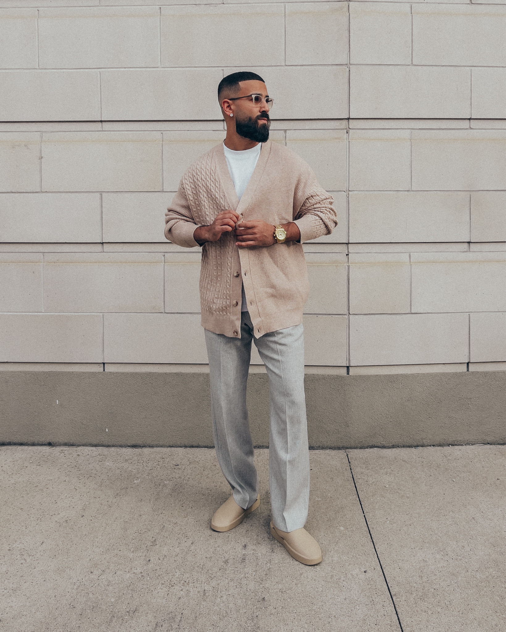 SALE ALERT 🚨 cozy and warm men’s cardigan sweater currently 25% off on sale at Nordstrom and Nordstrom Canada… TOPMAN Mixed Stitch Cardigan Sweater in ‘Stone’ (size Large), Wide Leg Suit Trousers in ‘Grey’ (size 32), and Classic Fit T-Shirt in ‘White’ (size XL). FEAR OF GOD California slides in ‘Almond’ (size 41). All items currently available at Nordstrom, with some pieces currently on sale. A perfect business casual men’s look for Holiday and Christmas parties, or for the office. Elevated and relaxed, while looking polished.  

#LTKmens #LTKsalealert #LTKstyletip