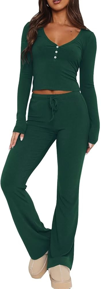 Ezbelle Women's Lounge Sets 2 Piece Outfits Long Sleeve Crop Button Down V Neck Shirt Knit Pajama... | Amazon (US)