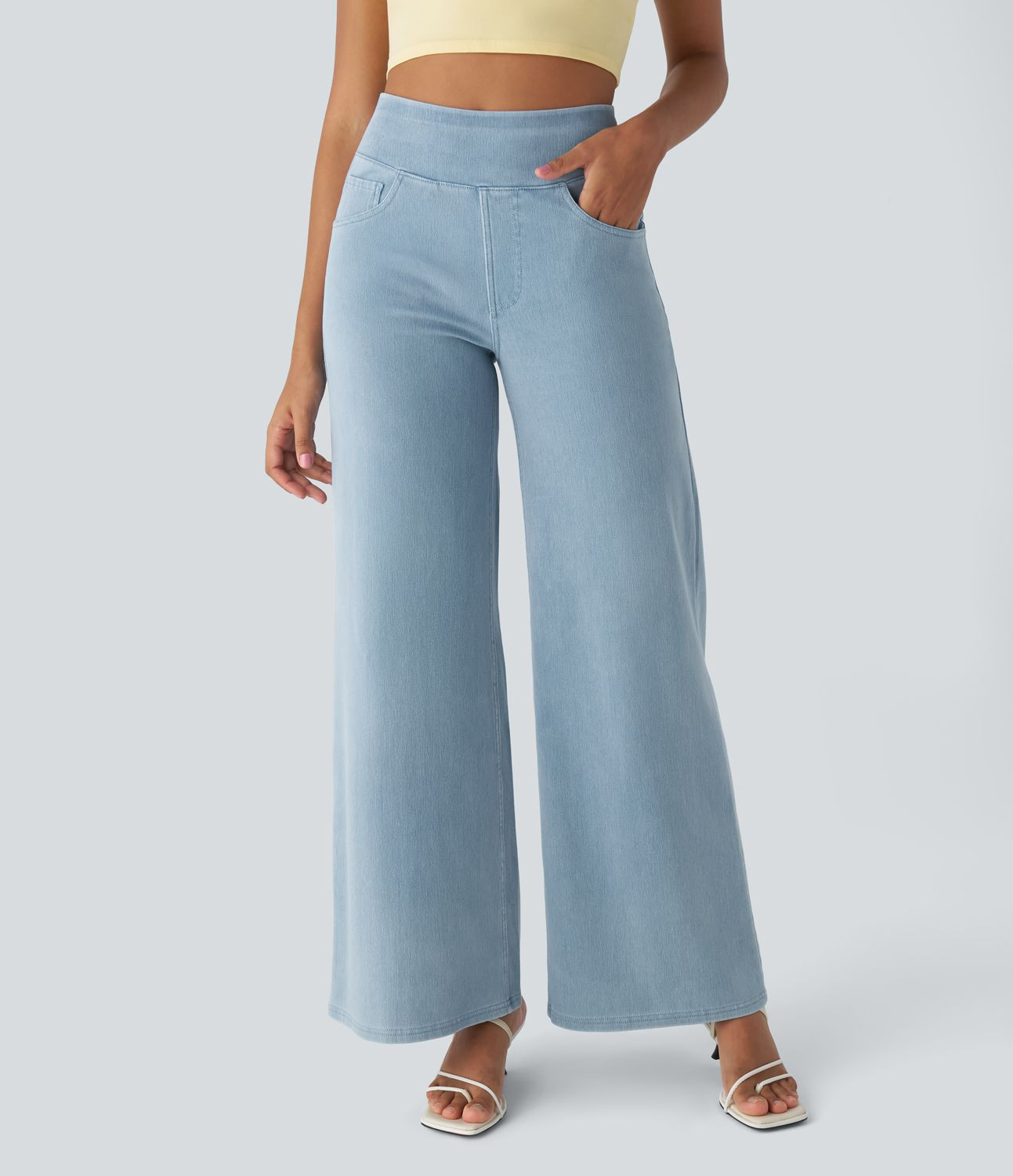 Women’s Halara Flex™ High Waisted Multiple Pockets Wide Leg Loose Stretchy Knit Work Jeans - ... | HALARA