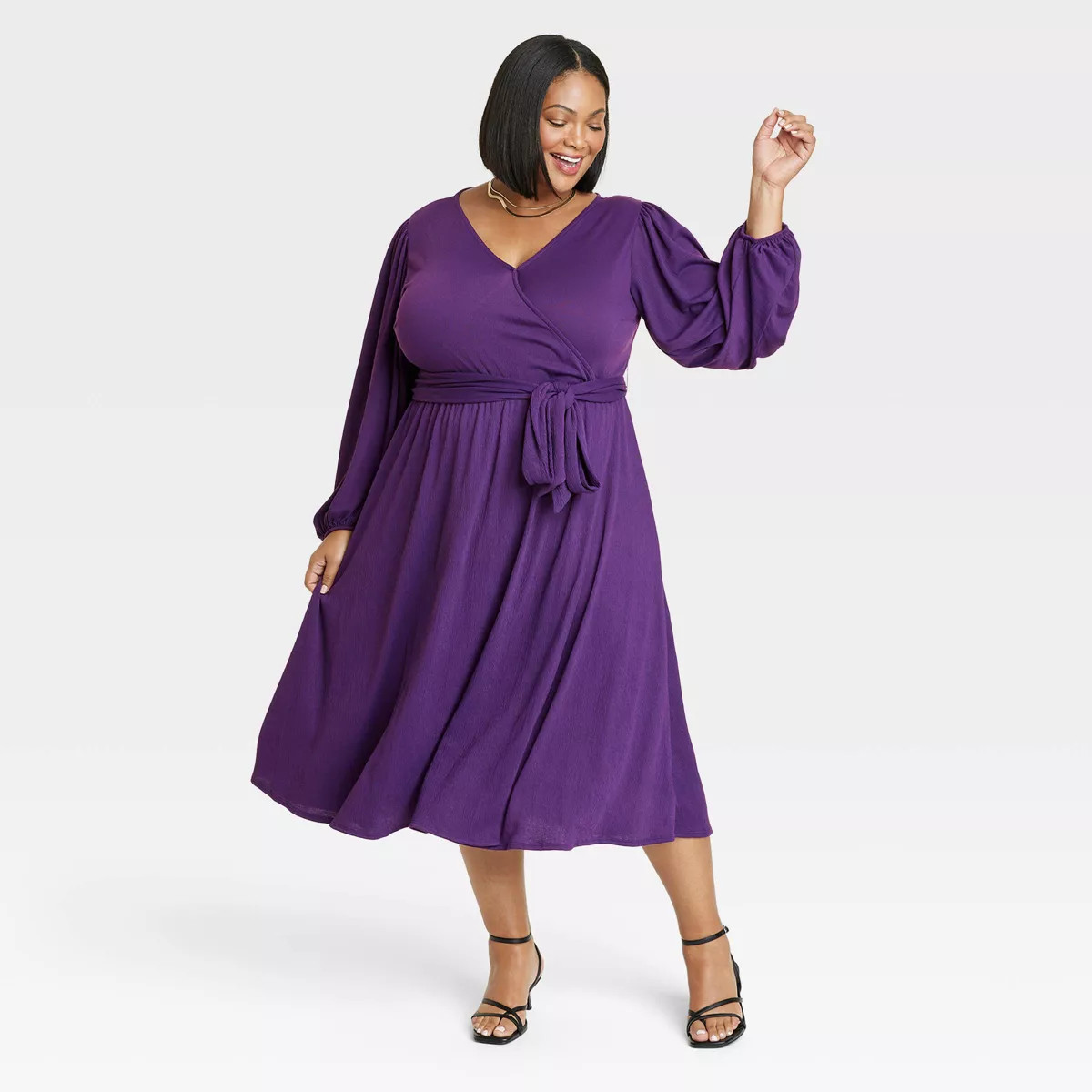 Women's Balloon Long Sleeve Knit V-Neck Faux Wrap Midi Dress - Ava & Viv™ | Target