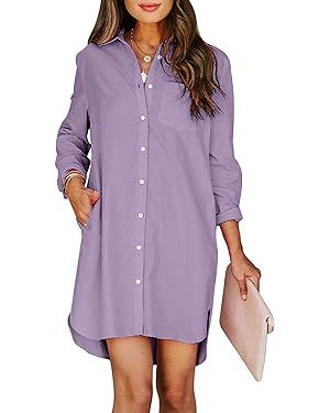 Aoudery Womens Button Down Shirt Dresses with Pockets Cotton Button Up Tunics Long Sleeve Solid H... | Amazon (US)