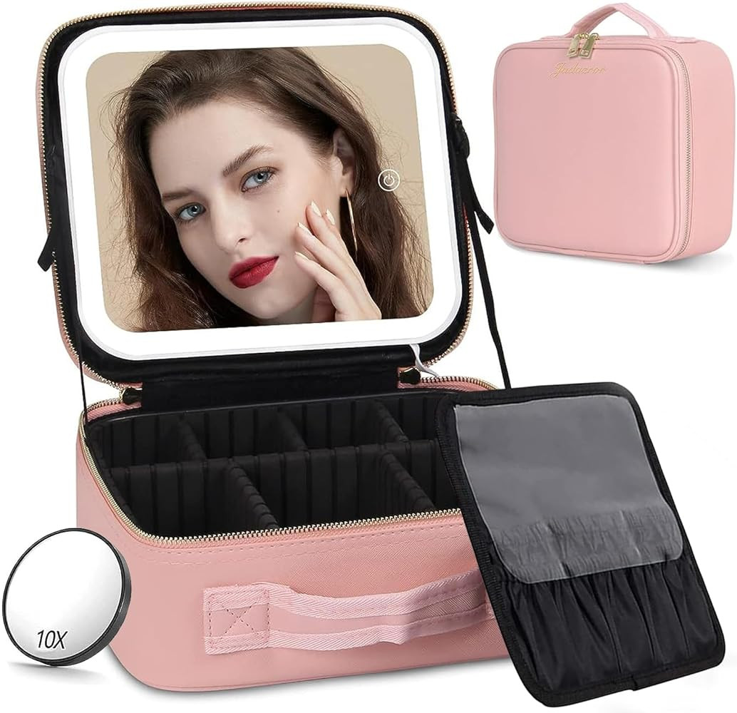 Jadazror Lighted Makeup Case with Mirror, Adjustable Dividers - Portable Cosmetic Organizer Bag f... | Amazon (US)