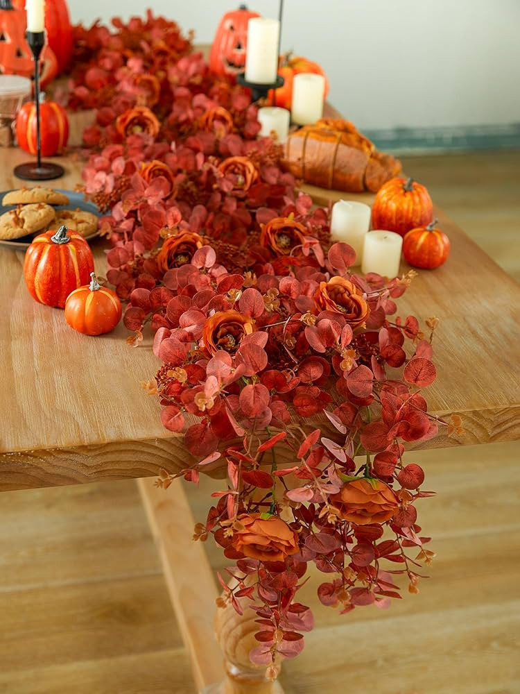 PARTY JOY 6.56ft Fall Decor Orange Eucalyptus Garland with Flowers 8 Orange Roses, Fall Garland A... | Amazon (US)