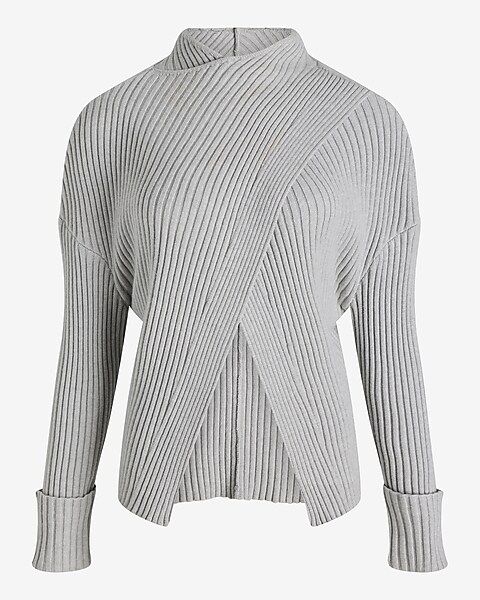 Ribbed Mock Neck Cuffed Sleeve Crossover Sweater | Express