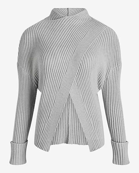 Ribbed Mock Neck Cuffed Sleeve Crossover Sweater | Express