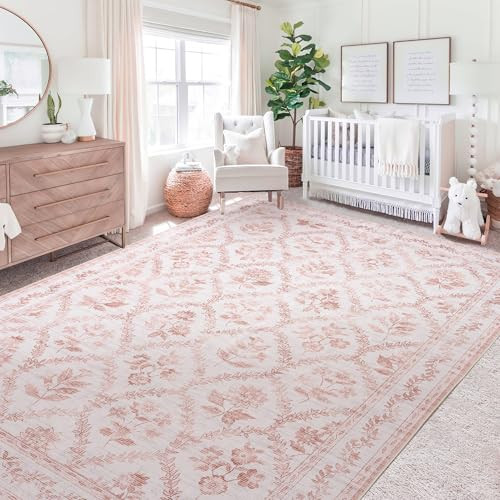 Pink Rugs for Bedroom Women Boho Light Pink Floral Area Rugs Nursery Rug for Baby Girl, Blush Pink Cute Foldable Machine Washable Distressed Carpet Area Rug for Living Room Bedroom Dorm Kids Playroom | Amazon (US)