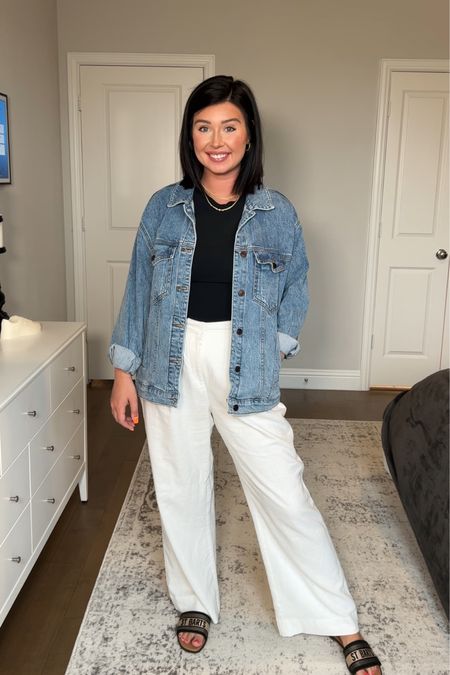 How to style linen pants: A classic way is with a black tShirt or bodysuit tucked in, a denim jacket, and a cute slide sandal. Wearing a medium in all pieces. They are all currently 20% off when you spend a certain amount too  

#LTKshoecrush #LTKsalealert #LTKstyletip