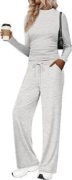 Sampeel Two Piece Lounge Set for Women 2 Piece Fall Outfits 2025 Mock Neck Ruched Tops Wide Leg P... | Amazon (US)