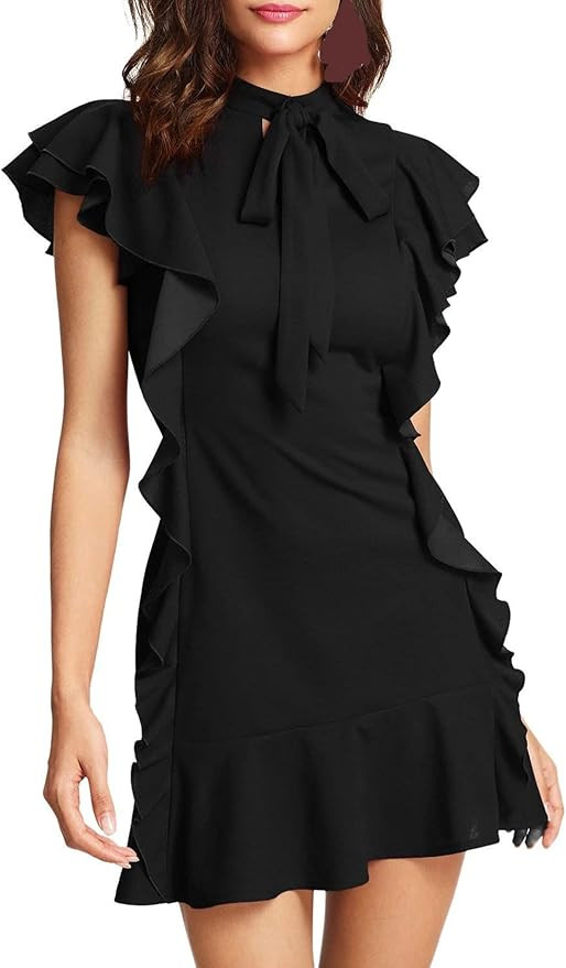 Floerns Women's Tie Neck Short Sleeve Ruffle Hem Cocktail Party Dress | Amazon (US)