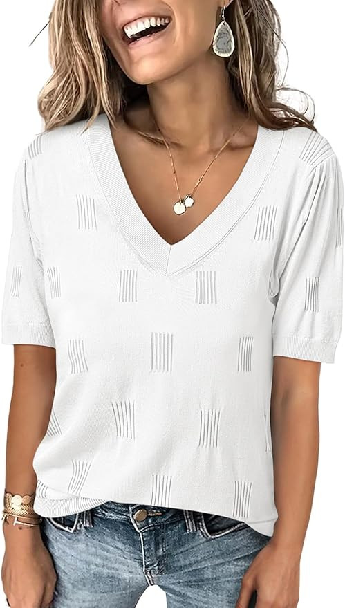 ANRABESS Womens Short Sleeve V Neck Summer Tops Lightweight Knit Thin Sweaters 2024 Fashion Casua... | Amazon (US)