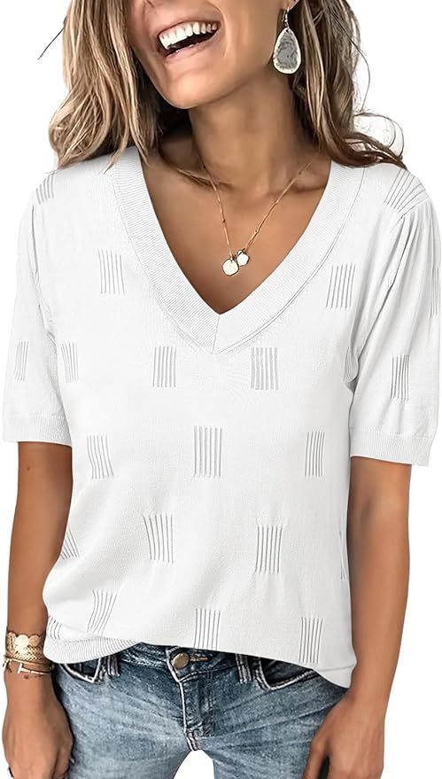 ANRABESS Womens Short Sleeve V Neck Summer Tops Lightweight Knit Thin Sweaters 2024 Fashion Casua... | Amazon (US)