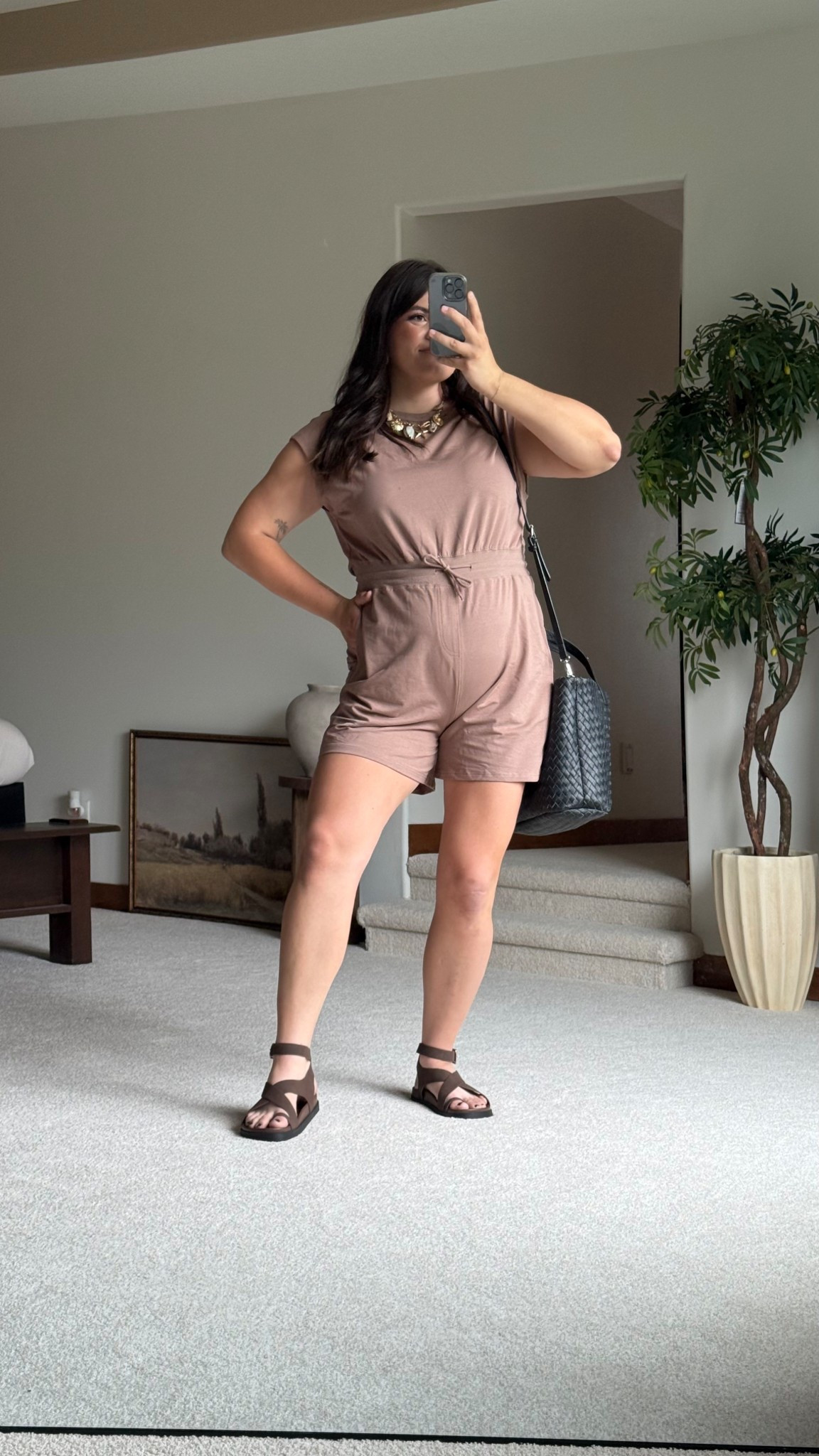 Easy midsize mom outfit on the go. Bump friendly. Wearing xl in this free people inspired romper from Amazon 