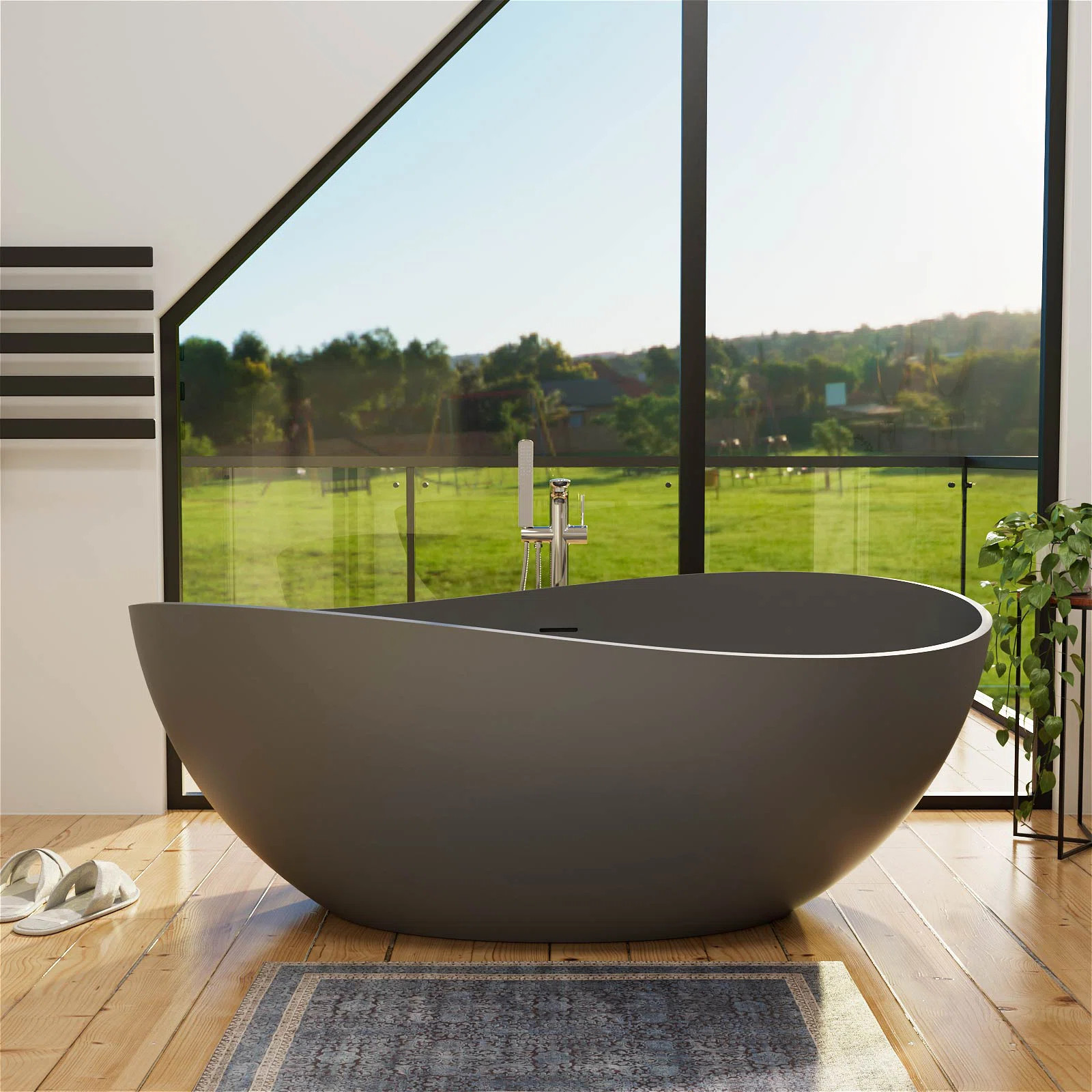 63" Egg-Shaped Wavy Curves Solid Surface Bathtub, Freestanding Seamless Deep Soak Tub with Drain ... | Wayfair North America