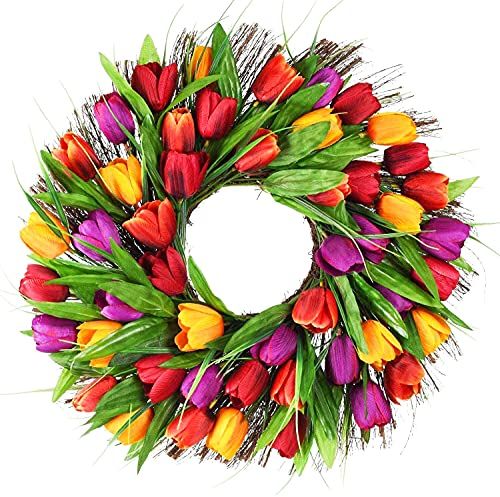 Wofair Tulip Wreath Artificial 17 Inch Tulip Wreaths for Front Door, Fake Spring Silk Flower Wreath  | Amazon (US)