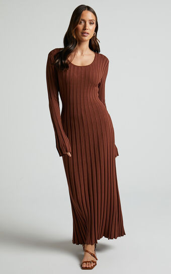 Blaire Midi Dress - Long Sleeve Tie Back Flare Dress in Chocolate | Showpo (US, UK & Europe)