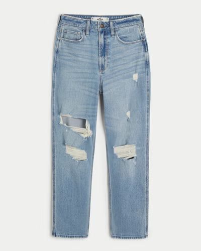 Curvy Ultra High-Rise Ripped Medium Wash Mom Jeans | Hollister (US)