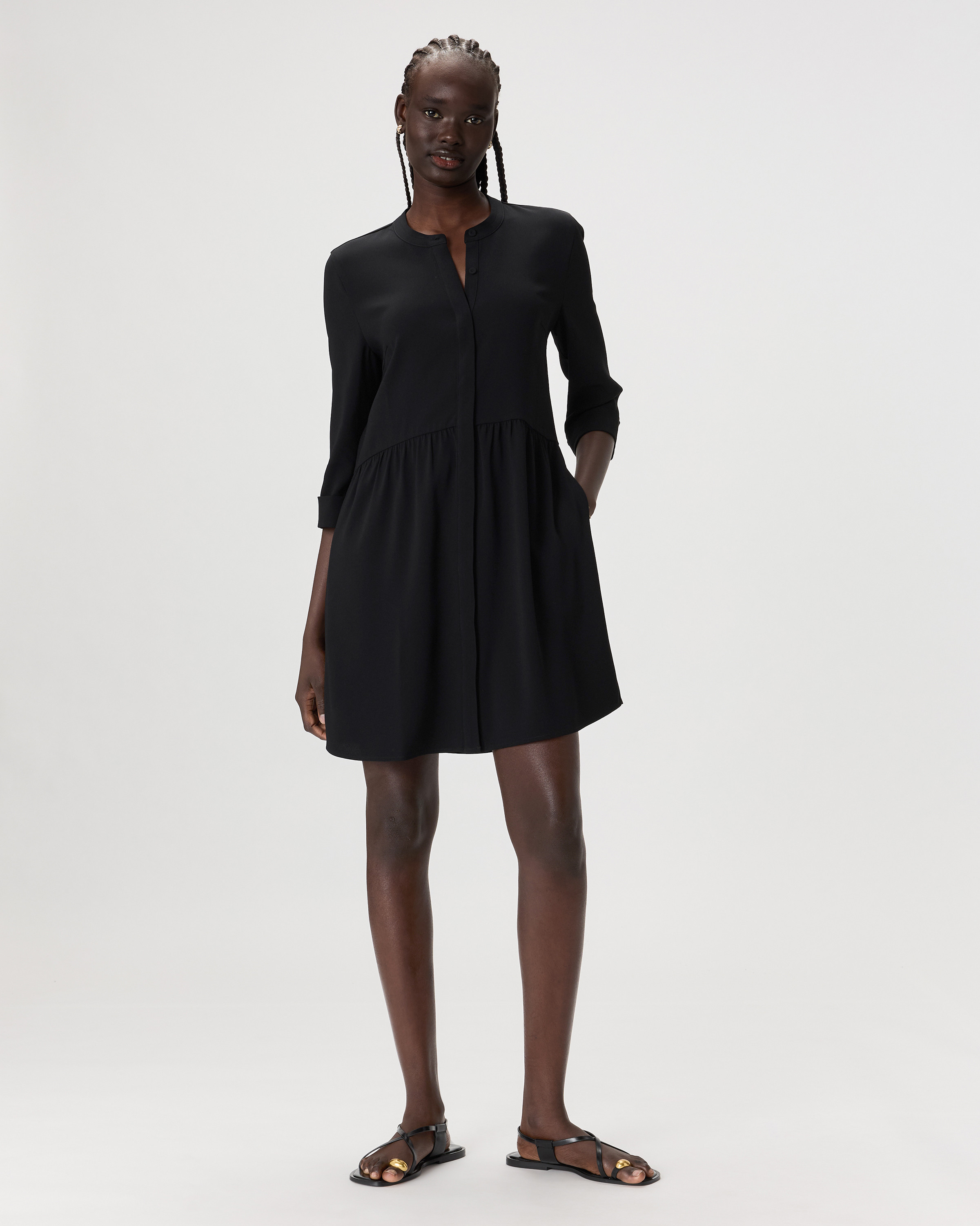Quince | Women's Fluid Crepe Shirt Dress in Black, Size Medium, Polyester | Quince