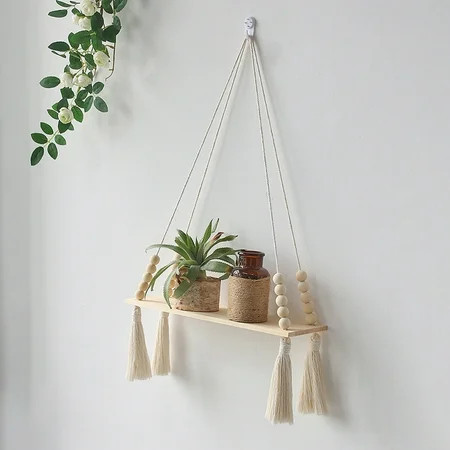 Boho Macrame Hanging Shelf - Handcrafted Rustic Cotton Rope Tapestry, Farmhouse Style, Home Decor, Bohemian, Wall Hanging | Walmart (US)