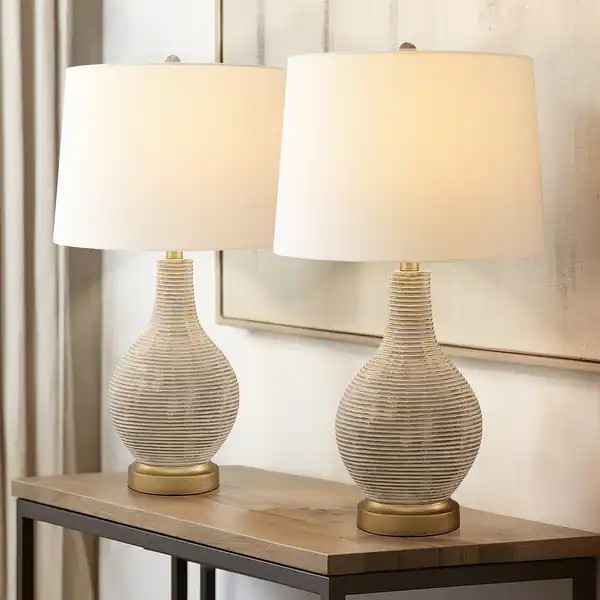 24.5-inch Washed Beige/Gold Farmhouse Table Lamp with White Linen Shade (Set of 2) - 24.5" H - Be... | Bed Bath & Beyond