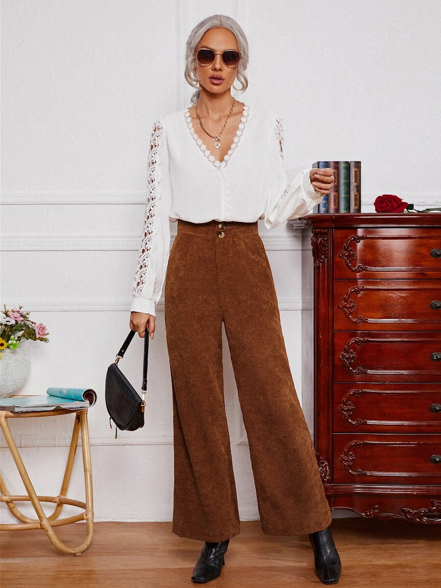 SHEIN High Waist Slant Pocket Corduroy Wide Leg Pants | SHEIN