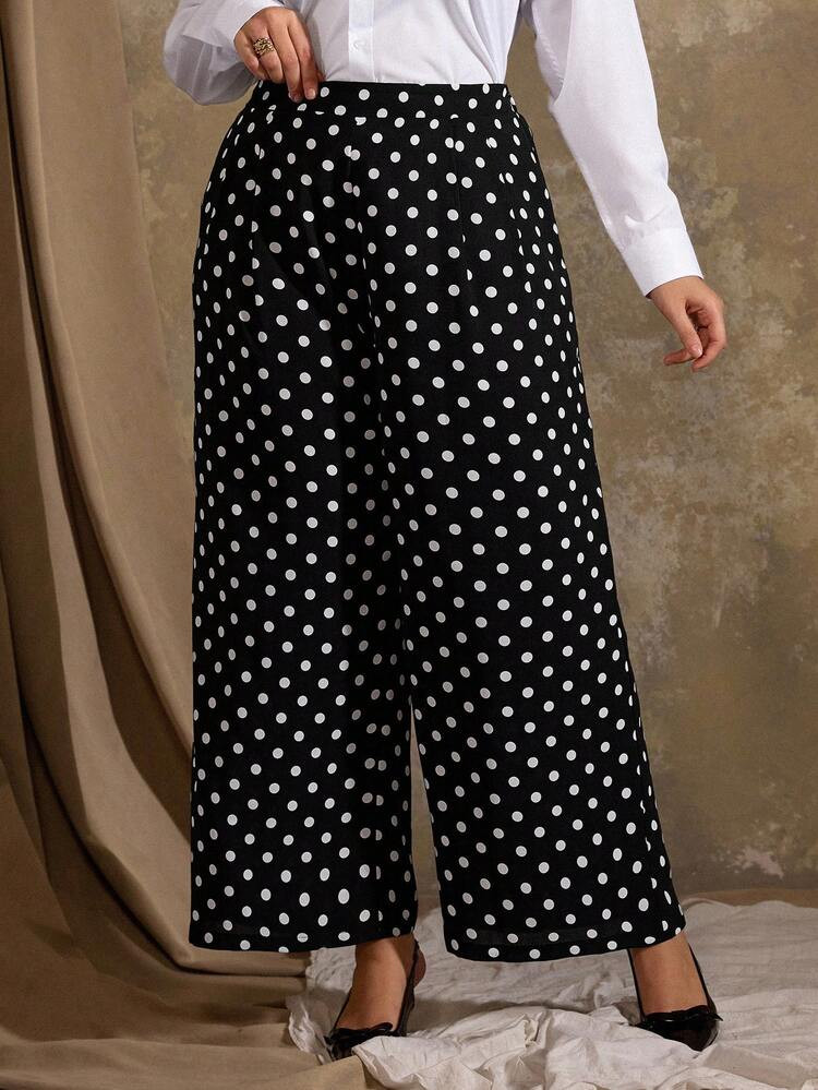Roveilla Plus Size Polka Dot Print Wide Leg Loose Straight Casual Pants Fall Cloth For Women | SHEIN
