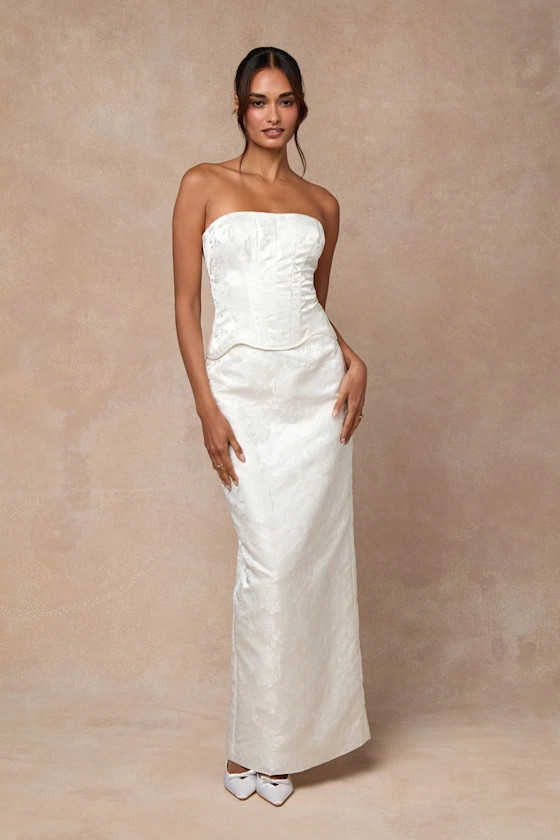 Melva White Satin Jacquard Two-Piece Bustier Maxi Dress | Lulus