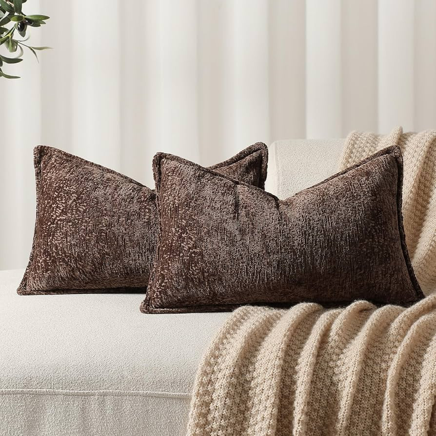 DEZENE Pack of 2 Brown Decorative Throw Pillow Covers 12x20 Cozy Soft Chenille Boho Accent Vintag... | Amazon (US)