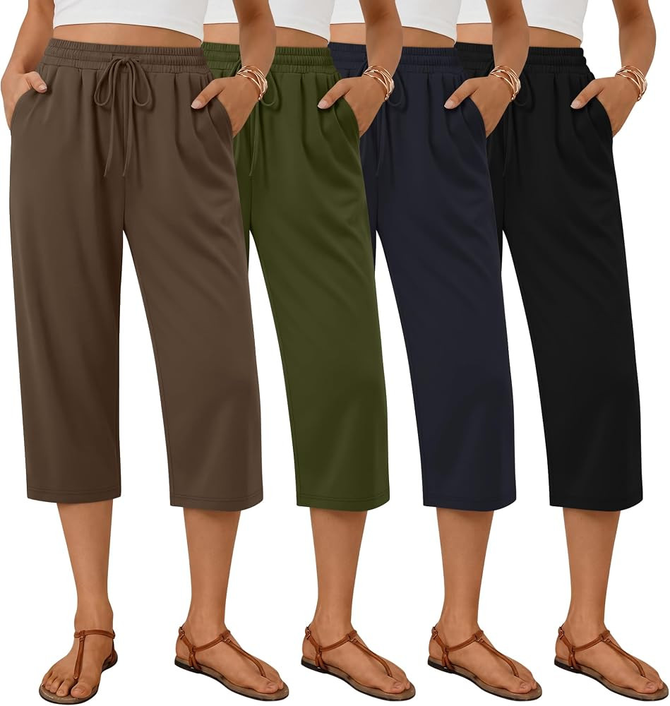 Neer 4 Pack Women's Capri Pants Wide Leg Yoga Capri Sweatpants Drawstring Summer Lounge Loose Fit... | Amazon (US)