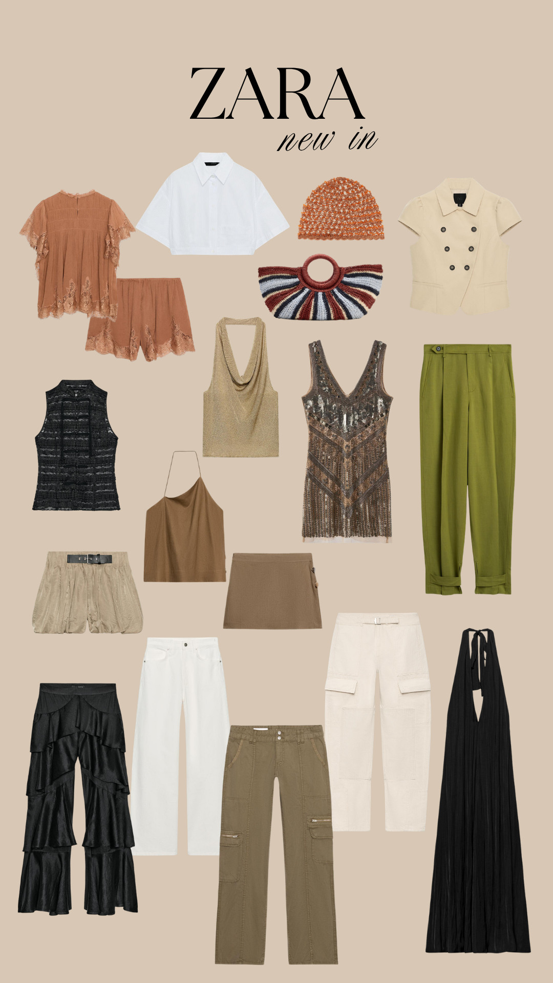 zara new in, zara fashion, new in fashion, summer fashion, neutral tones, earthy tones, beige, tan, cream, white, black, khaki, brown co-ord, lace top, lace shorts, white cropped shirt, cream short sleeve blazer, crochet beanie, striped crochet bag, black sleeveless top, gold draped top, sequin mini dress, green tailored trousers, belted shorts, brown halter top, brown mini skirt, white jeans, black ruffle trousers, khaki cargo trousers, cream cargo trousers, black halter maxi dress, resort wear, occasionwear 

 #LTKuk #LTKsummer #LTKeurope