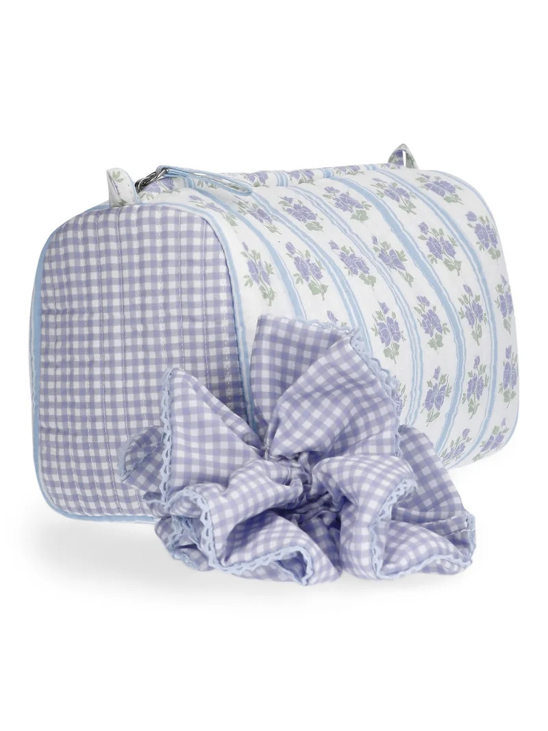 No Boundaries Women's Quilted Pouch and Hair Scrunchie Set, 2-Piece, Sky and Lilac Sea Floral/Gin... | Walmart (US)
