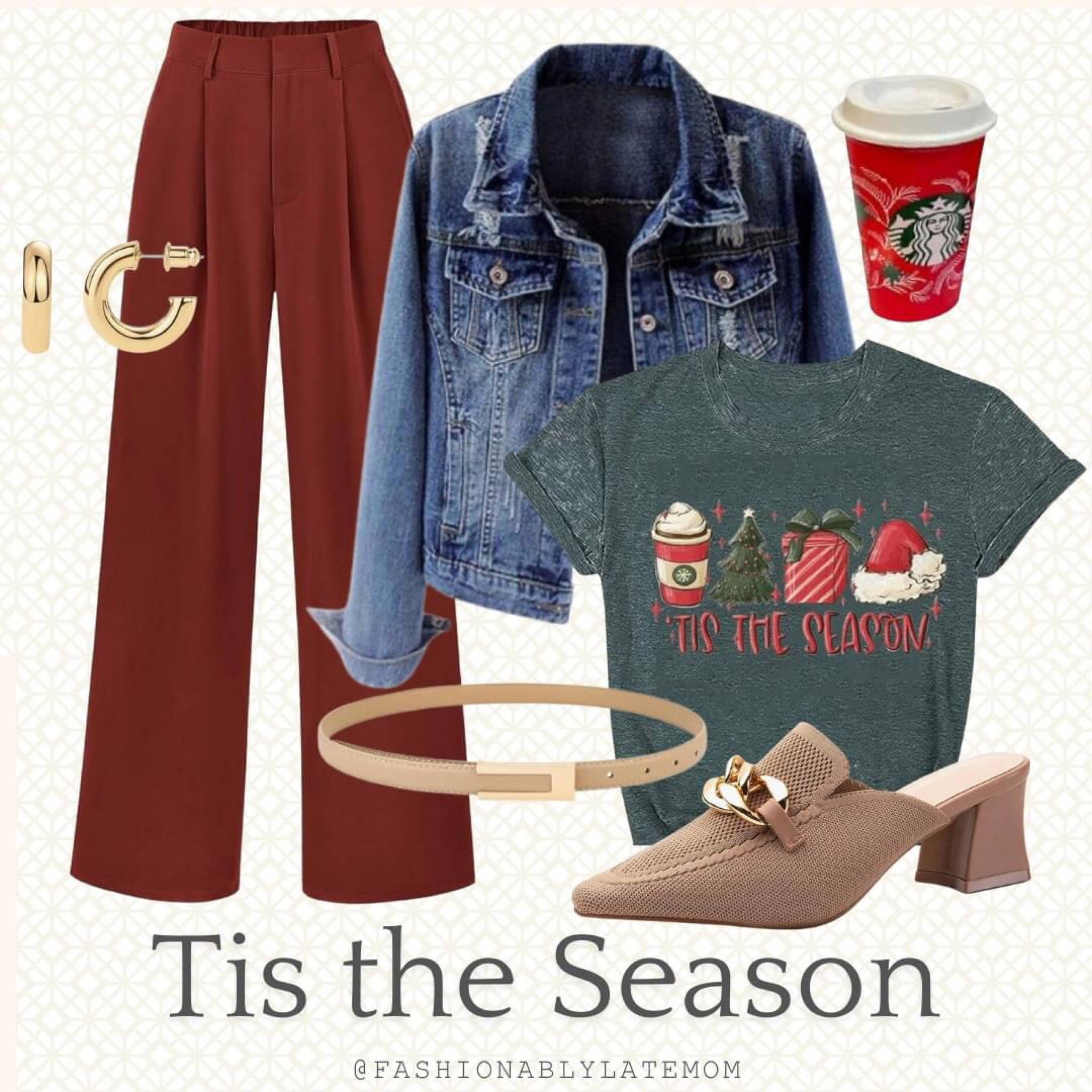 Christmas outfit inspiration. 

Fashionably Late Mom. 
Outfit ideas for the Christmas season. 
Gold jewelry. 