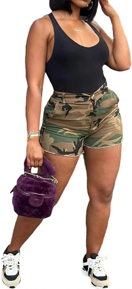 Women Camo Cargo Shorts High Waist Trendy Casual Camouflage Army Fatigue Cargo Short Joggers Pant... | Amazon (US)